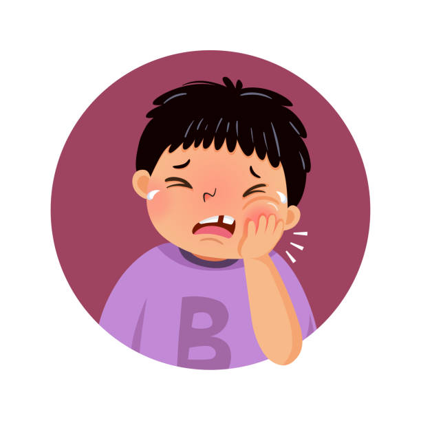 Vector illustration of cartoon fat boy suffering from toothache. Health Problems concept.  rotten teeth in children stock illustrations