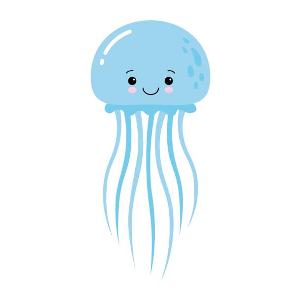 illustrazioni stock, clip art, cartoni animati e icone di tendenza di illustrazione vettoriale di cartoni animati divertente medusa blu isolato su sfondo bianco. kawaii - meduza