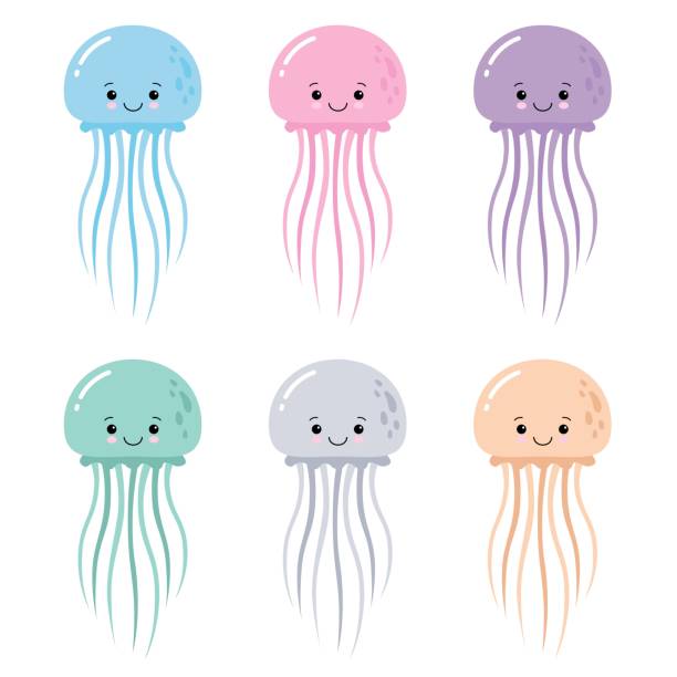 illustrazioni stock, clip art, cartoni animati e icone di tendenza di illustrazione vettoriale di cartoni animati divertente colore medusa isolato su sfondo bianco. set di meduse kawaii - meduza