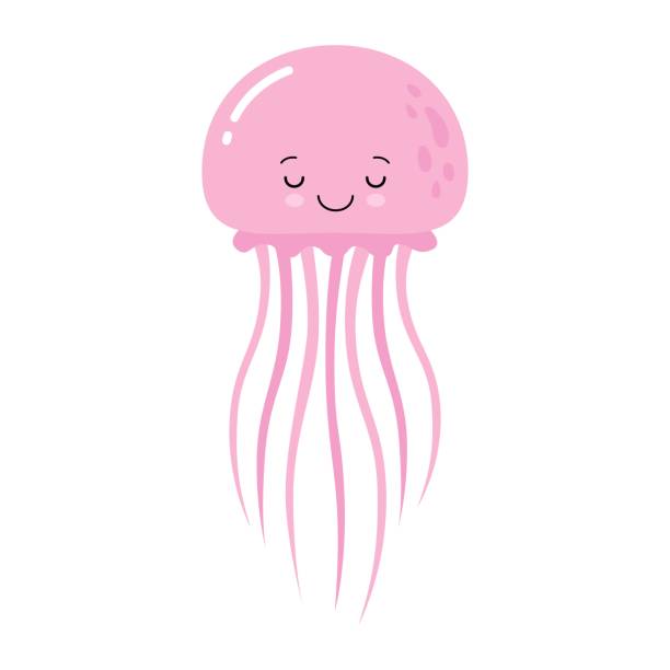 illustrazioni stock, clip art, cartoni animati e icone di tendenza di illustrazione vettoriale di cartoni animati divertente medusa rosa isolato su sfondo bianco. kawaii - meduza