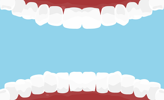 Vector illustration of cartoon mouth inside with white teeth. Dental hygiene background in flat style on blue color background.
