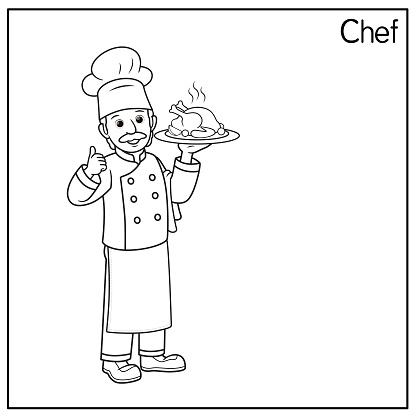 Vector illustration of chef, cook isolated on white background. Jobs and occupations concept. Cartoon characters. Education and school kids coloring page, printable, activity, worksheet, flashcard.