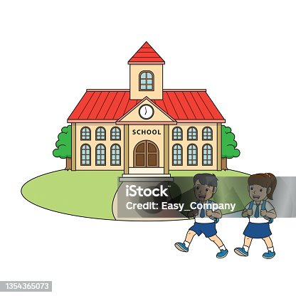 istock Vector illustration of children's activity coloring book page with pictures of girls and boys going to school. 1354365073