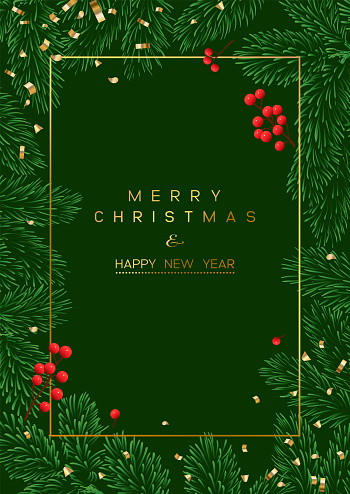 Vector illustration of Christmas Background with branches of Christmas tree on the green.