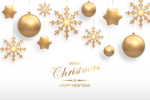 Vector illustration of Christmas background with golden realistic christmas ball, star, snowflake decorations isolated on white. New year and xmas holiday winter concept