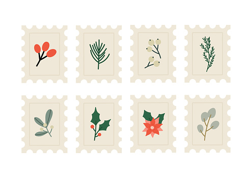 Vector illustration of Christmas postage stamp with winter plants:  holly berry, mistletoe, poinsettias, pine, cedar.