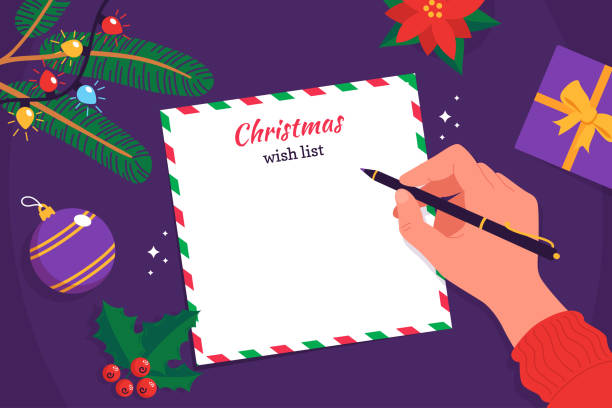 Vector illustration of Christmas wish list. Hand with a pen writes Christmas wishes or greetings, top view. Festive background with decorations in flat style. Letter for Santa. vector art illustration