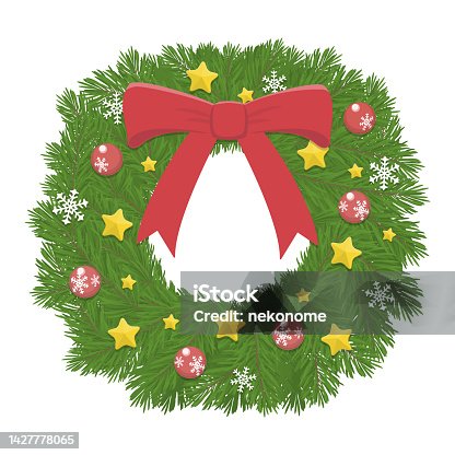 istock Vector illustration of Christmas wreath with red bow isolated on background. 1427778065
