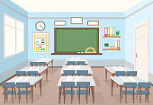 Vector illustration of classroom in school. Empty Interior of class with board and desks for children in flat cartoon style