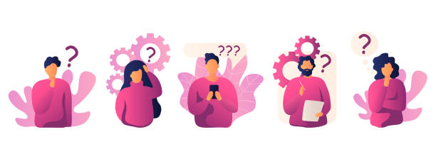 Vector illustration of color people with question marks talk bubbles.  questioning face stock illustrations