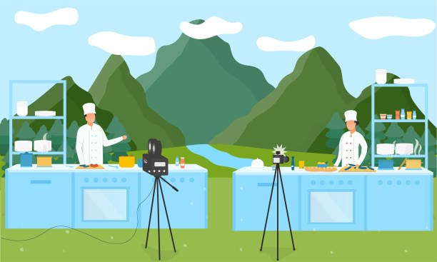 Vector illustration of cooking competitions Flat vector illustration of cooking competitions. Two chefs cooking online on TV or internet at nature cooking competition stock illustrations