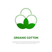 Vector illustration of cotton flower icon. 100% natural organic cotton. Vector badge