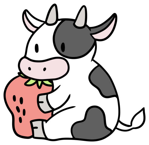 векторная иллюстрация коровы, держащей клубнику - cartoon of strawberry sho...