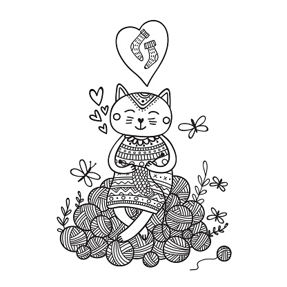 Download Vector Illustration Of Cute Cat Knitting On Yarn Balls ...