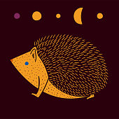 Vector illustration of cute hand drawn hedgehog and moon. Design for t-shirt, sticker. Tribal african style.