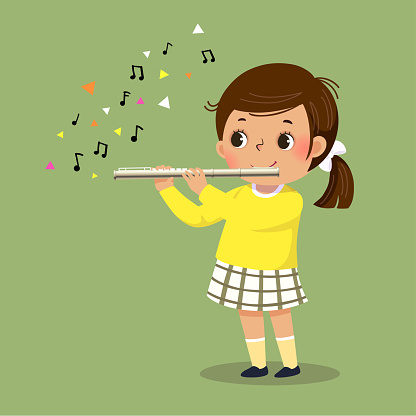 Vector illustration of cute little girl playing the flute on green background.