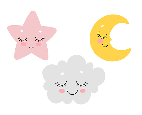 Vector illustration of cute sleeping cloud, moon and star. Scandinavian nursery print design.