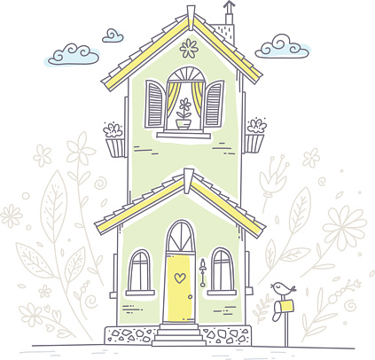 Vector illustration of cute two storey cottage with mailbox