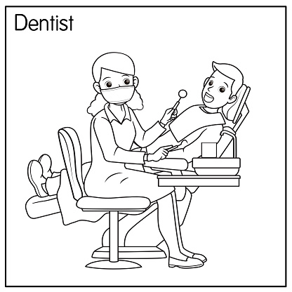 Vector illustration of dentist isolated on white background. Jobs and occupations concept. Cartoon characters. Education and school kids coloring page, printable, activity, worksheet, flashcard.