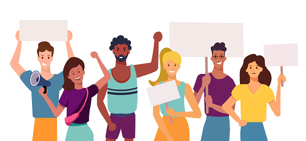 Vector illustration of diverse crowd of people at protest rally. people resisting, marching, raising their fists and holding banners. Concept for protest, politics, opposition, activism and social issues.