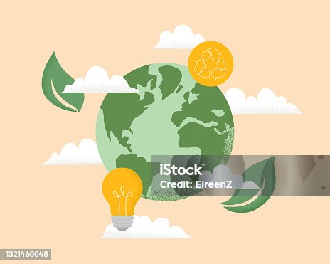 istock Vector illustration of Earth globe, Recycle icon, light bulb, leaves and clouds. Concept of World Environment Day, Save the Earth, sustainability, nature protection, ecological zero waste lifestyle 1321460048