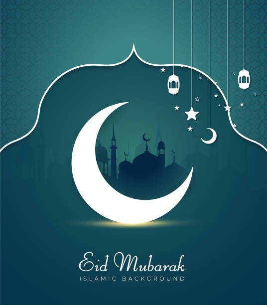 Vector Illustration of Eid Mubarak for the celebration Islamic Community Festival. Vector Illustration of Eid Mubarak Greeting Card with Mosque Architecture and Glowing Moon for celebration of Islamic Community Festival. eid al adha stock illustrations