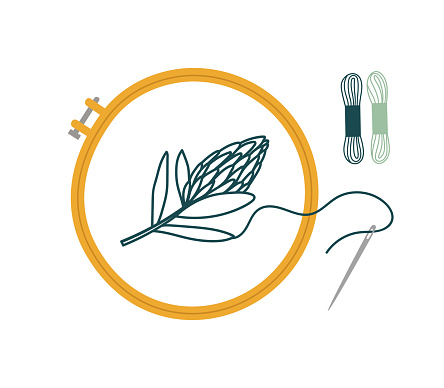 Vector illustration of embroidery hoop with embroidered flower, needle and thread.