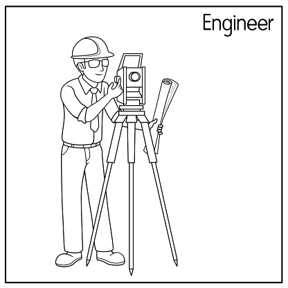 Vector illustration of engineer isolated on white background. Jobs and occupations concept. Cartoon characters. Education and school kids coloring page, printable, activity, worksheet, flashcard.