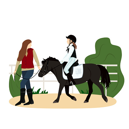 Vector illustration of equestrian sport in flat style. The girl is riding a pony. Woman leads the horse under the knots. Realistic image. Horseback riding. Horse riding lessons