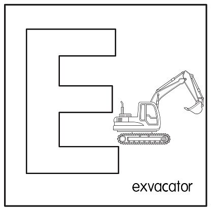 Vector illustration of Excavator with alphabet letter E Upper case or capital letter for children learning practice ABC