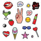 Vector illustration of fashion fun patch stickers with lips, lipstick, hearts, hand, speech bubbles and other. Set of trend badges, pins isolated on white background in comic cartoon 80s 90s style