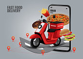 Vector illustration of fast food mobile online delivery service. mobile for order, icon and motorcycle for transportation.