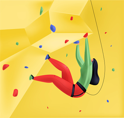 Vector illustration of female climber climbing wall with safety net.