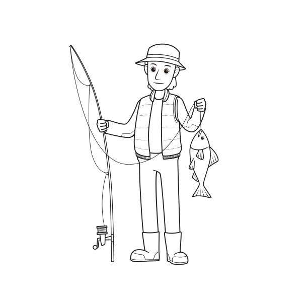 Vector illustration of fisherman isolated on white background. Jobs and occupations concept. Cartoon characters. Education and school kids coloring page, printable, activity, worksheet, flashcard.  printable of fish drawing stock illustrations
