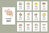 Vector illustration of floral calendar 2017 / Flower bouquets and calendar months of 2017