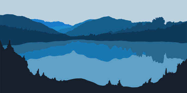 Vector illustration of forest panorama silhouette with lake Vector illustration of forest panorama silhouette with lake. Detailed mountain landscape. Background for postcard lakes stock illustrations