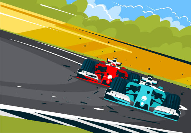 Vector Illustration Of Formula One Cars On The Race Track In Motion, Front View