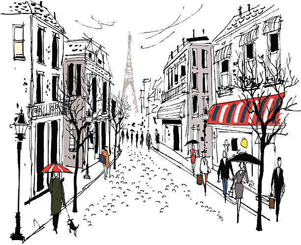 illustrations, cliparts, dessins animés et icônes de illustration vectorielle de scène de rue avec les piétons français - rue paris