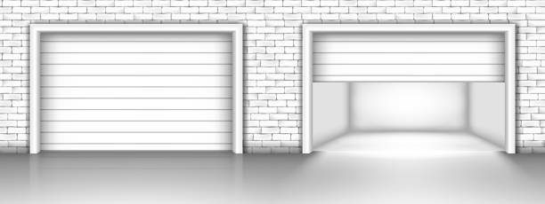 ilustrações de stock, clip art, desenhos animados e ícones de vector illustration of garage door in brick wall. closed and open garag - garagem abrindo