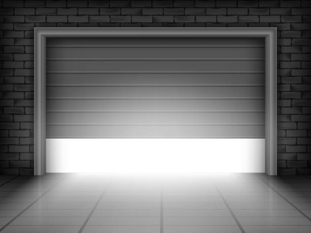 ilustrações de stock, clip art, desenhos animados e ícones de vector illustration of garage door in brick wall with bright light inside - garagem abrindo