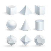 Vector illustration of realistic geometric shapes: cube, prism, cylinder, cone, sphere, pyramid or tetrahedron and octahedron, icosahedron, dodecahedron on white background
