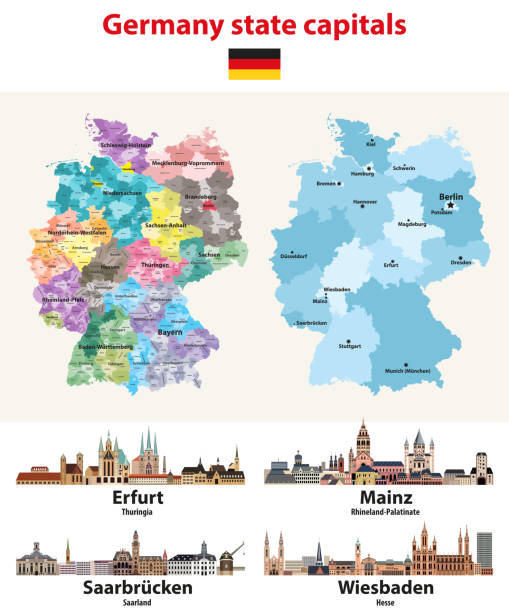 векторная иллюстрация карты германии с горизонтами городов столиц штатов - sainz stock illustrations
