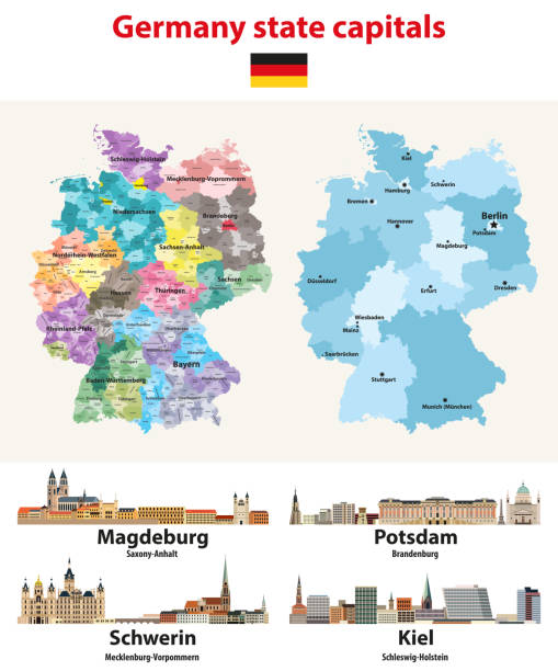 벡터 일러스트 레이 션의 독일 지도 국가 수도 도시 스카이 라인 - 라인란트팔츠 주 stock illustrations