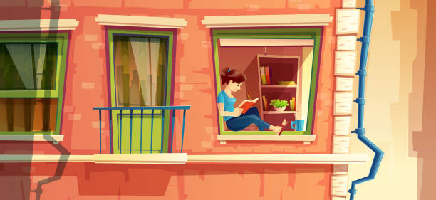 Vector illustration of girl reading the book on the window of multistorey apartment, building outside concept, cityscape Vector illustration section of building facade with girl reading the book on the window of multi-storey apartment, building outside concept. Reader, dreamer outdoors. Architecture of town, cityscape window backgrounds stock illustrations