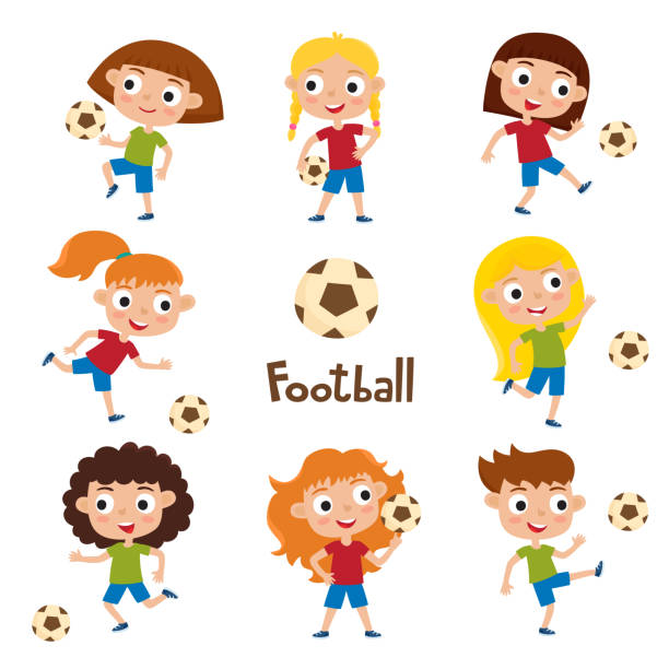 stockillustraties, clipart, cartoons en iconen met vectorillustratie van meisjes in shirt en korte voetballen - voetbal meisje