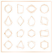 Vector illustration of gold segments frames set isolated on white background. Geometric polyhedron thin line frames collection for wedding invitation, greeting cards, logo, elements for web banner