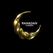 Ramadan Kareem. Vector religious illustration of golden twisted crescent moon. Muslim holy month Ramadan postcard design. Islamic holiday banner.