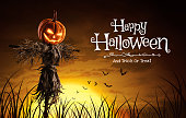 istock Vector illustration of Halloween pumpkin scarecrow on a wide field with the moon on a scary night 1340220504