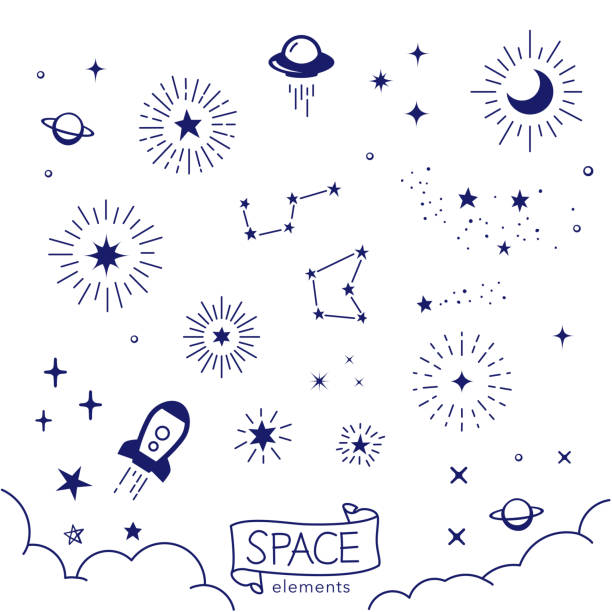 illustrazioni stock, clip art, cartoni animati e icone di tendenza di illustrazione vettoriale di elementi spaziali disegnati a mano - spazio cosmico immagine