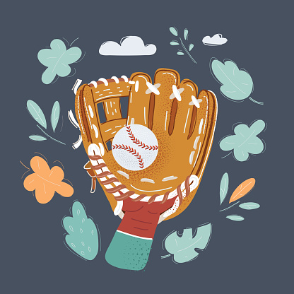 Vector illustration of hand in baseball glove reaching out to make the catch ball. Object on dark background.